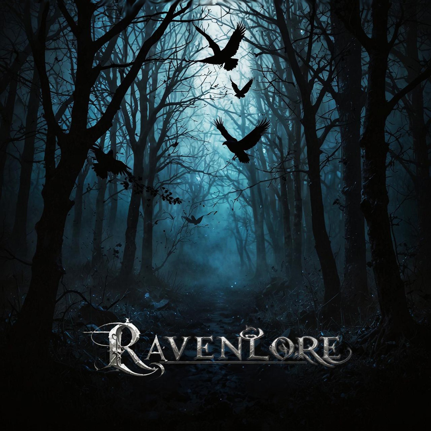 Ravenlore debut album cover, with ravens flying through a moonlit forest