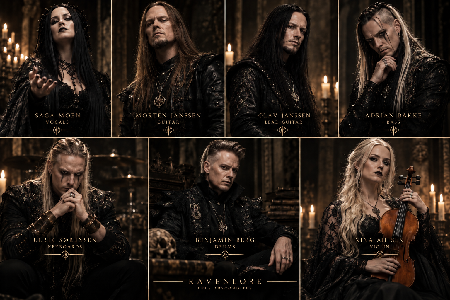 Portraits of the seven Ravenlore members: Saga Moen on vocals, Morten Janssen on guitar and male vocals, Olav Janssen on lead guitar, Adrian Bakke on bass, Ulrik Sørensen on keyboards, Benjamin Berg on drums and Nina Ahlsen on violin