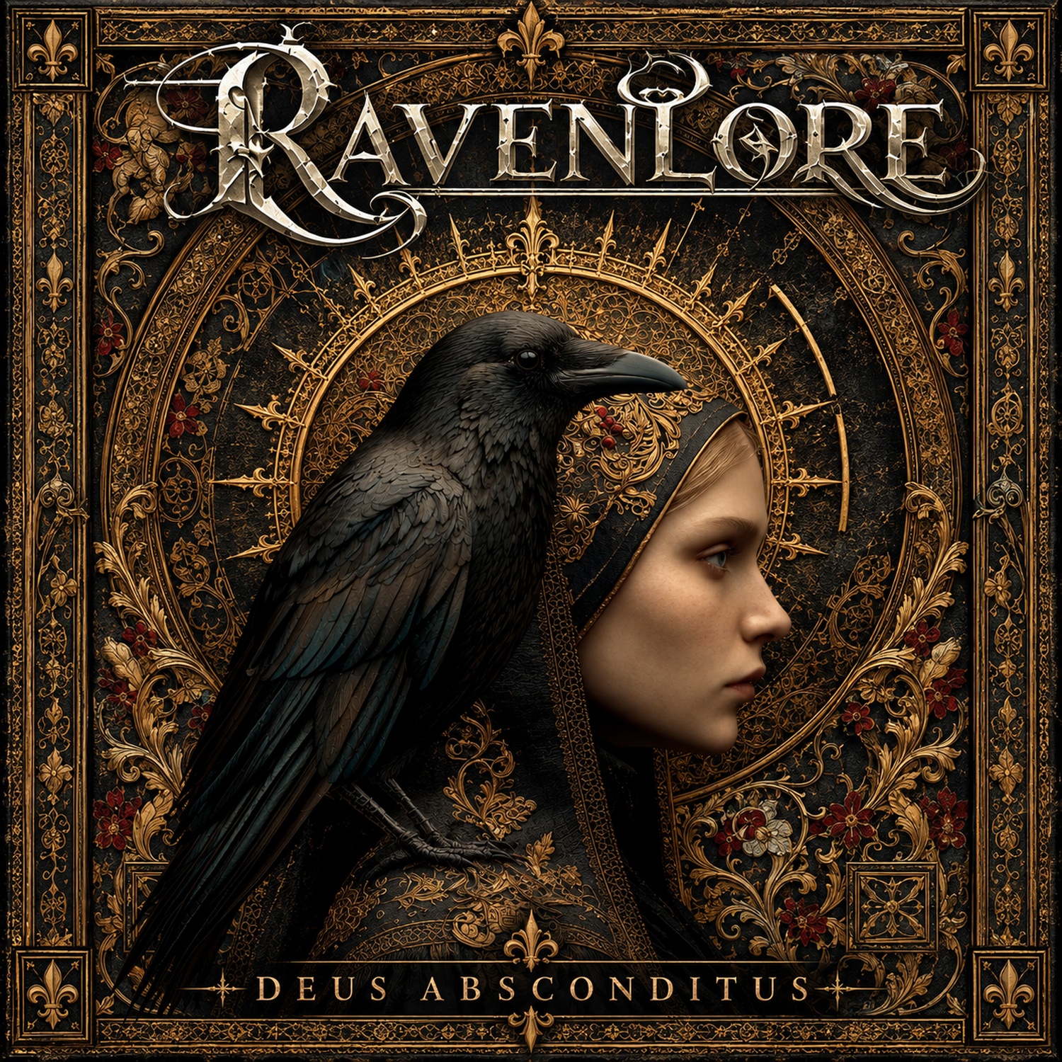 Deus Absconditus album cover, featuring a hooded woman and a raven within an ornate illuminated frame